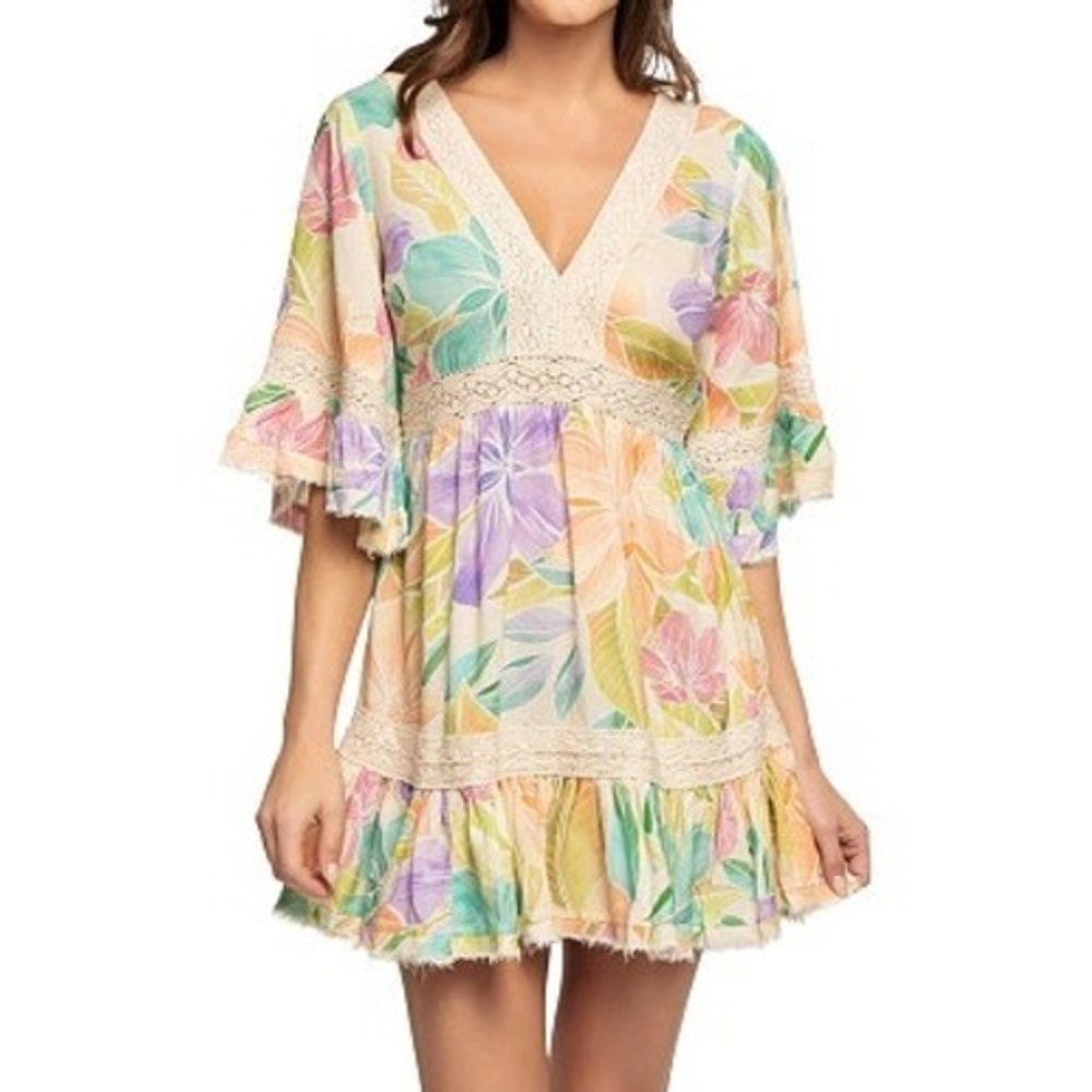 Floral Boho Mini Dress m Pastel Tropical Crochet Lace Z & L Europe‎ Tassel Back